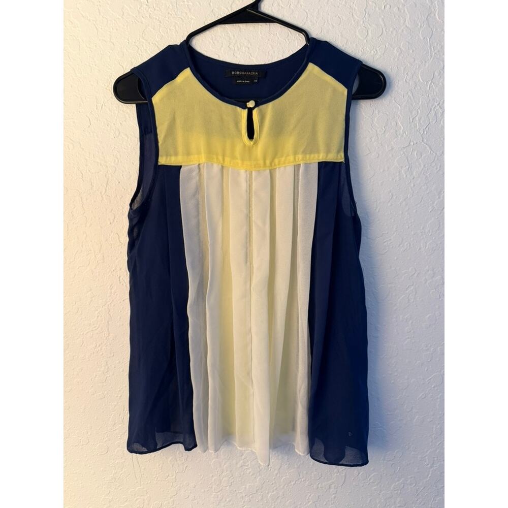 BCBGMaxAzria Navy Yellow Ivory Color Block Pleated Keyhole Sleeveless Blouse XS